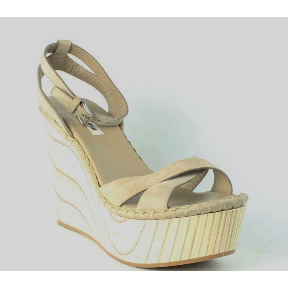 Miu Miu NEW Wedge Taupe Suede Wooden Platform Wedge SANDAL EU 39 M   ANB